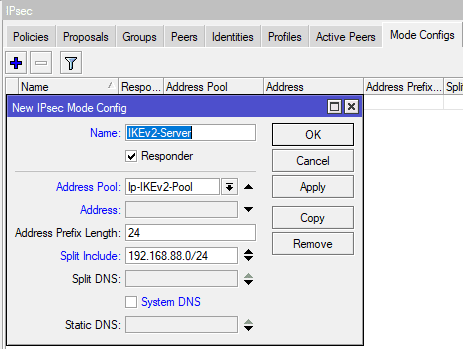 Настройка IKEv2 MikroTik, Ipsec Mode Config